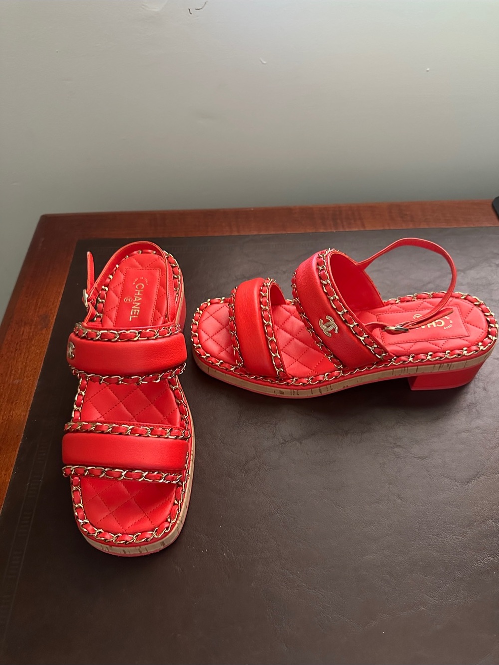 CHANEL 23C Cruise Red Quilted Chain-Trim Slide Sandals